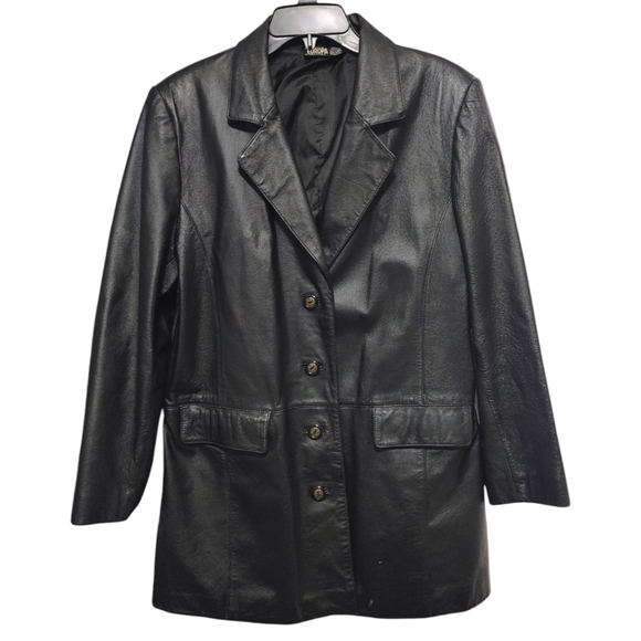 Newport News Black Button Front Genuine Leather Jacket Coat Women's Size Large L - Picture 1 of 11